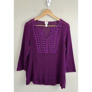 Chicos Open Knit Crochet Sweater Purple Hyacinth Sz‎ 3 (16/18) Women’s